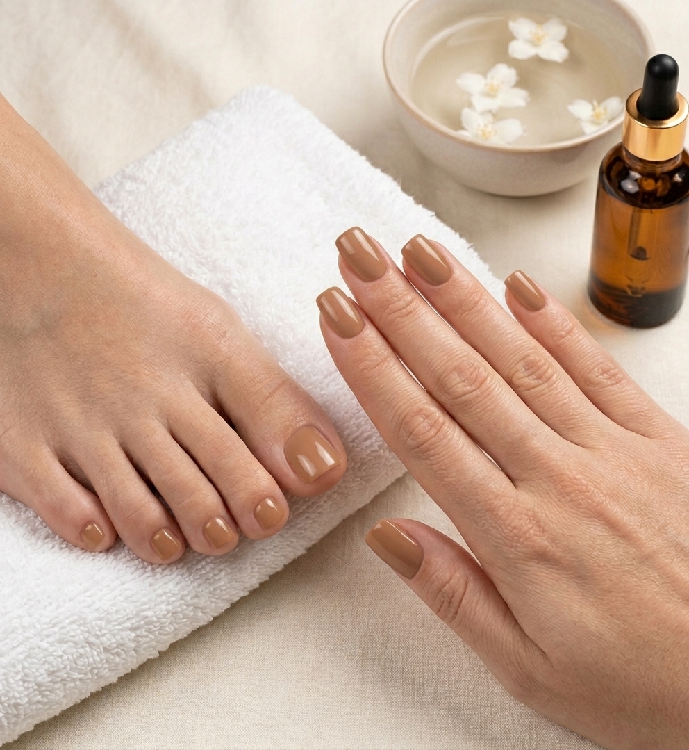 Manicura y pedicura profesional en tonos neutros junto a flores